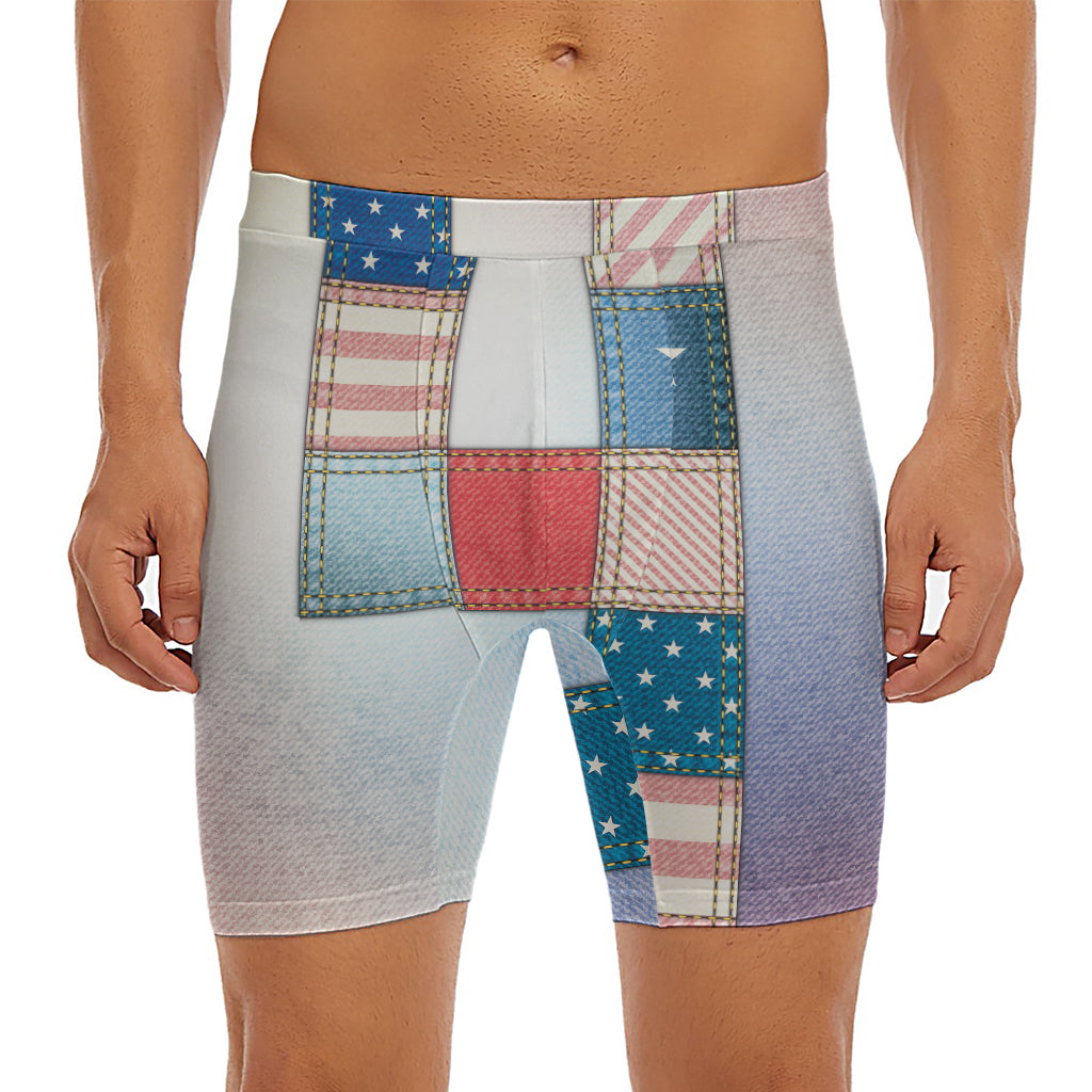 4th of July USA Denim Patchwork Print Men's Long Boxer Briefs