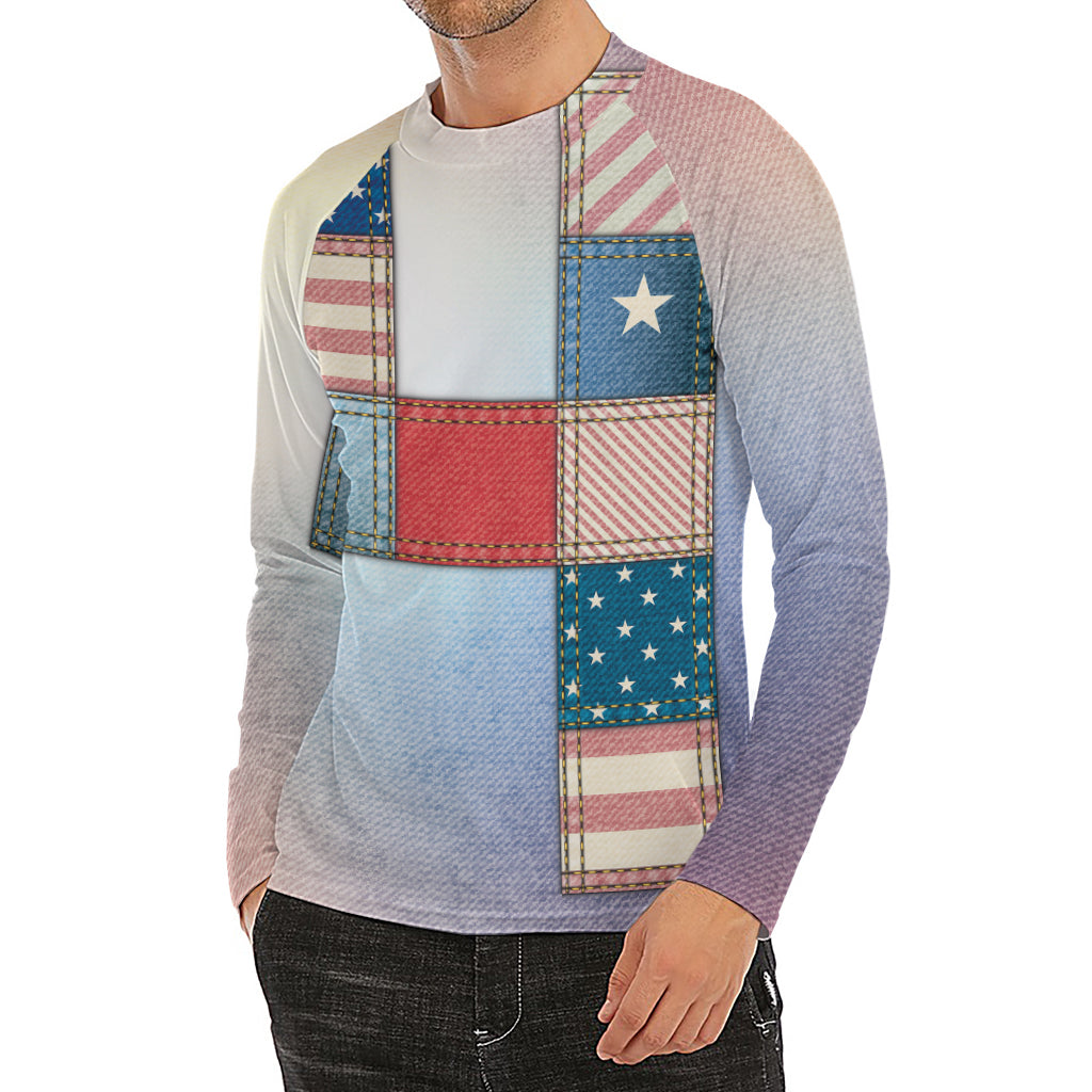 4th of July USA Denim Patchwork Print Men's Long Sleeve Rash Guard