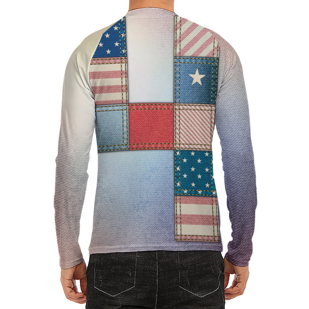 4th of July USA Denim Patchwork Print Men's Long Sleeve Rash Guard