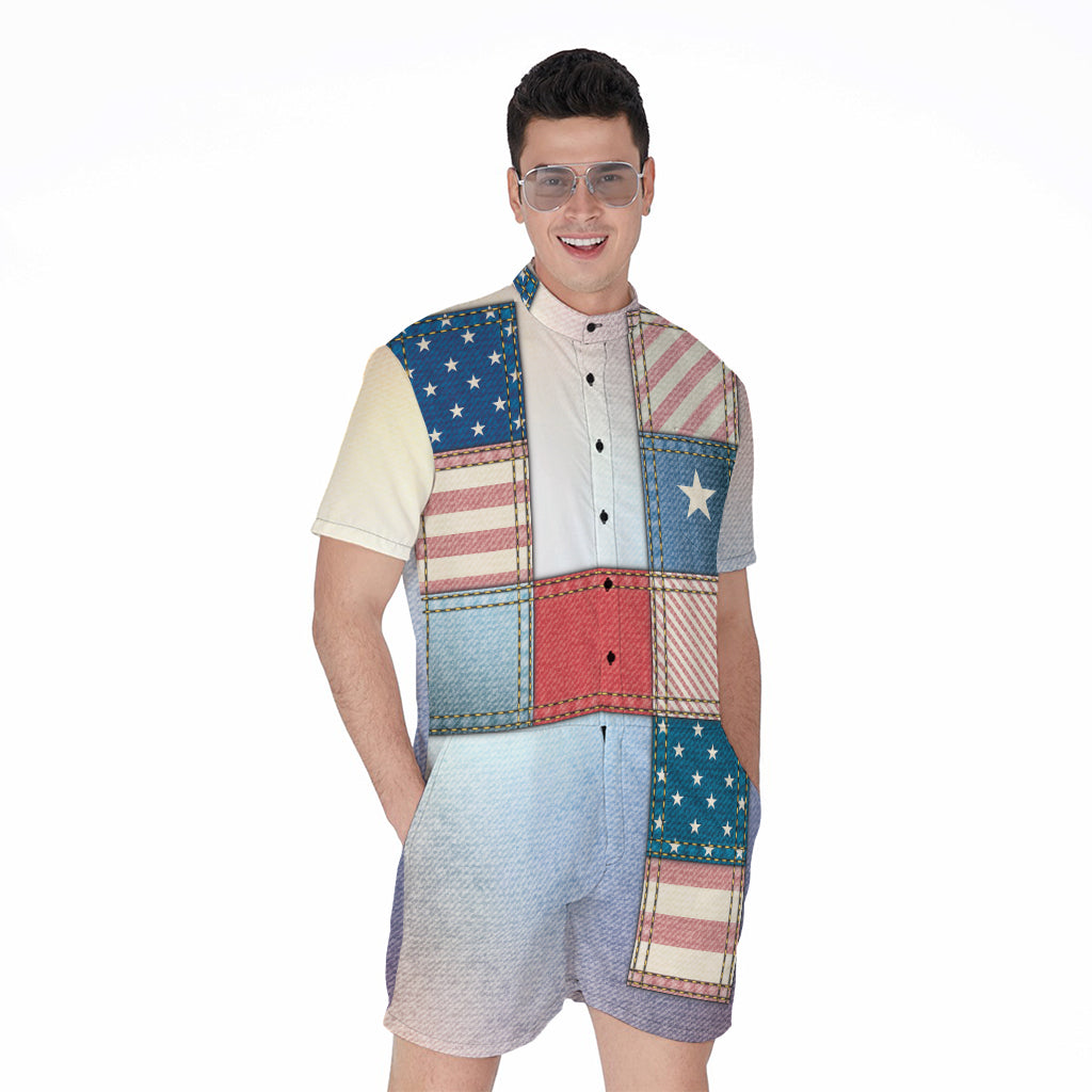 4th of July USA Denim Patchwork Print Men's Rompers