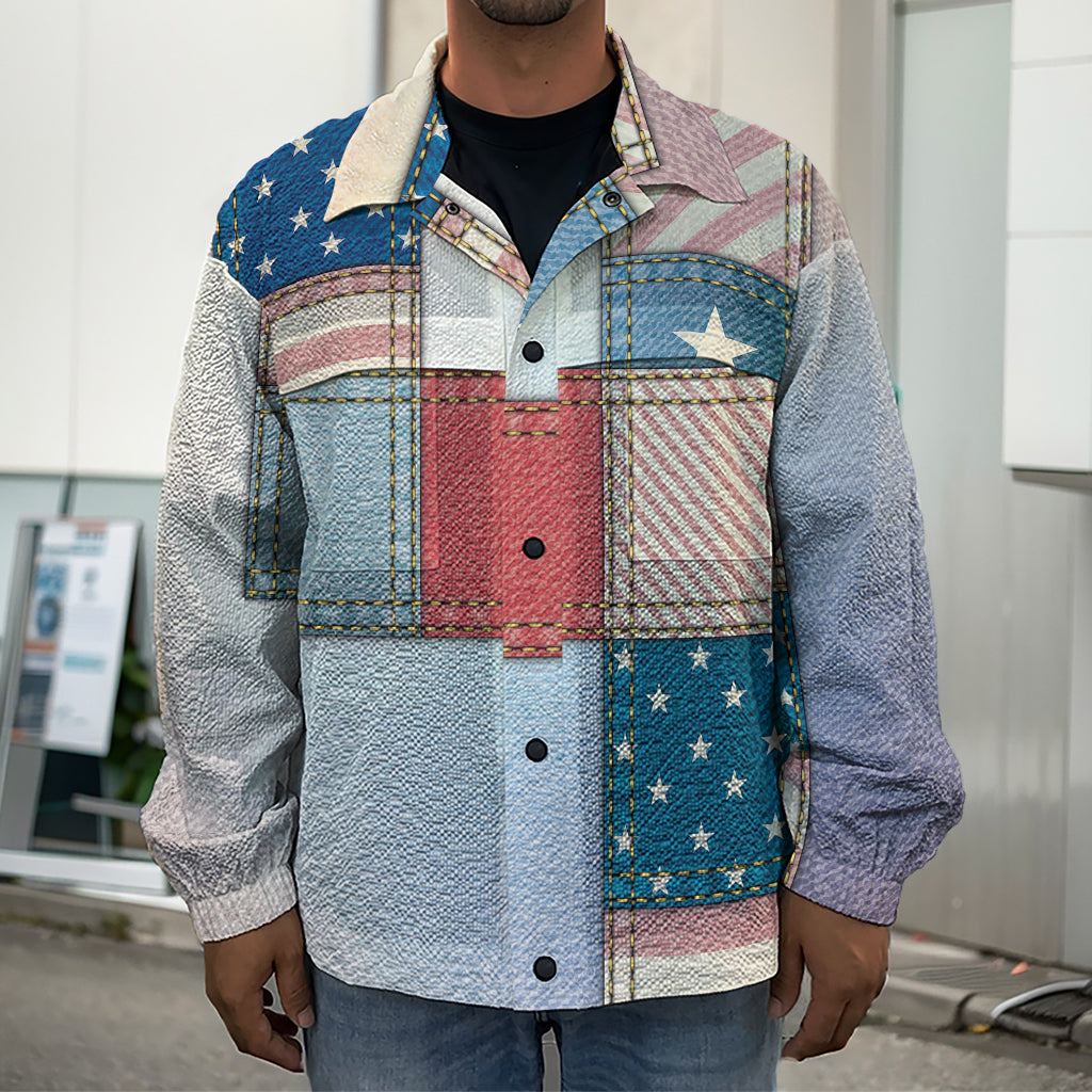 4th of July USA Denim Patchwork Print Men's Shirt Jacket