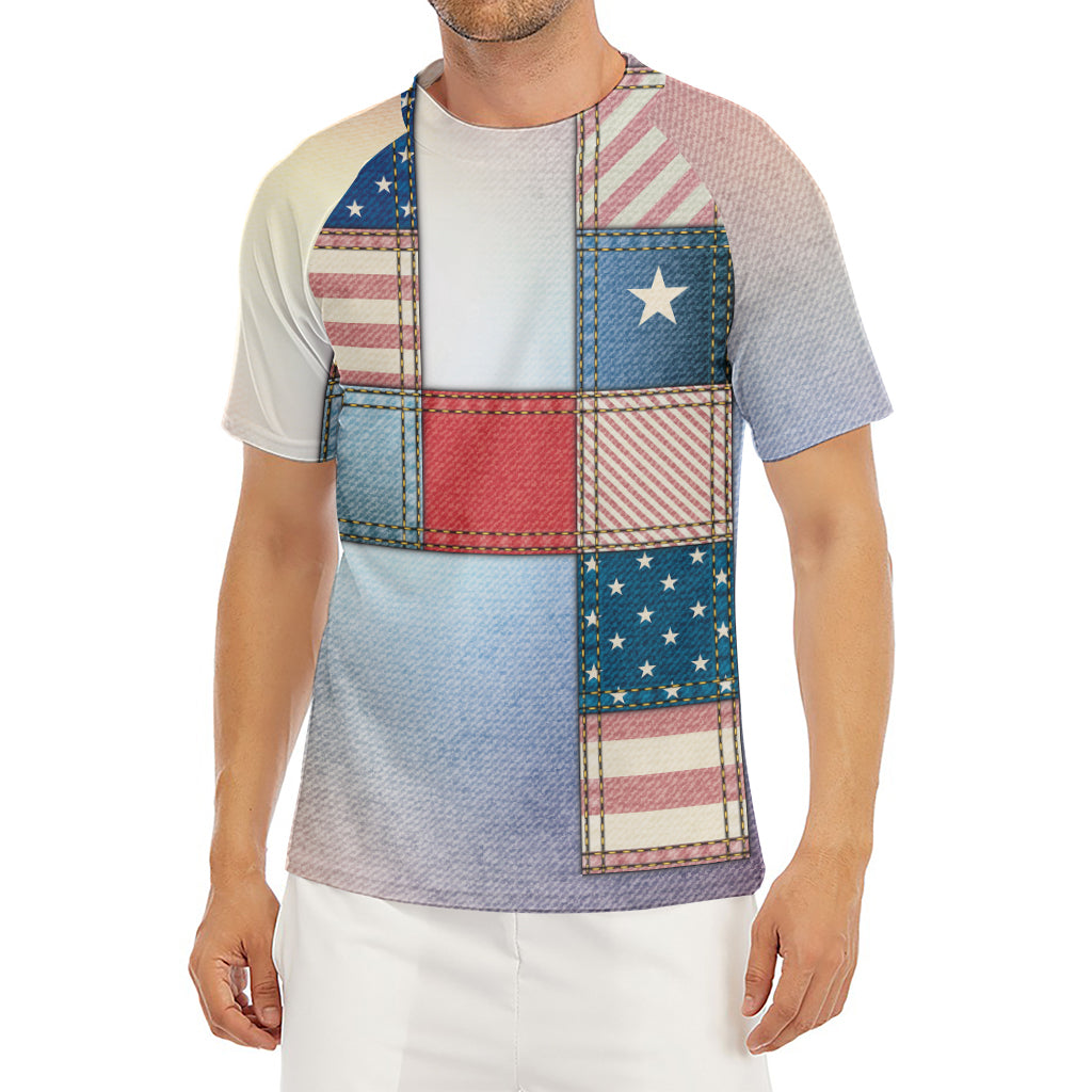 4th of July USA Denim Patchwork Print Men's Short Sleeve Rash Guard