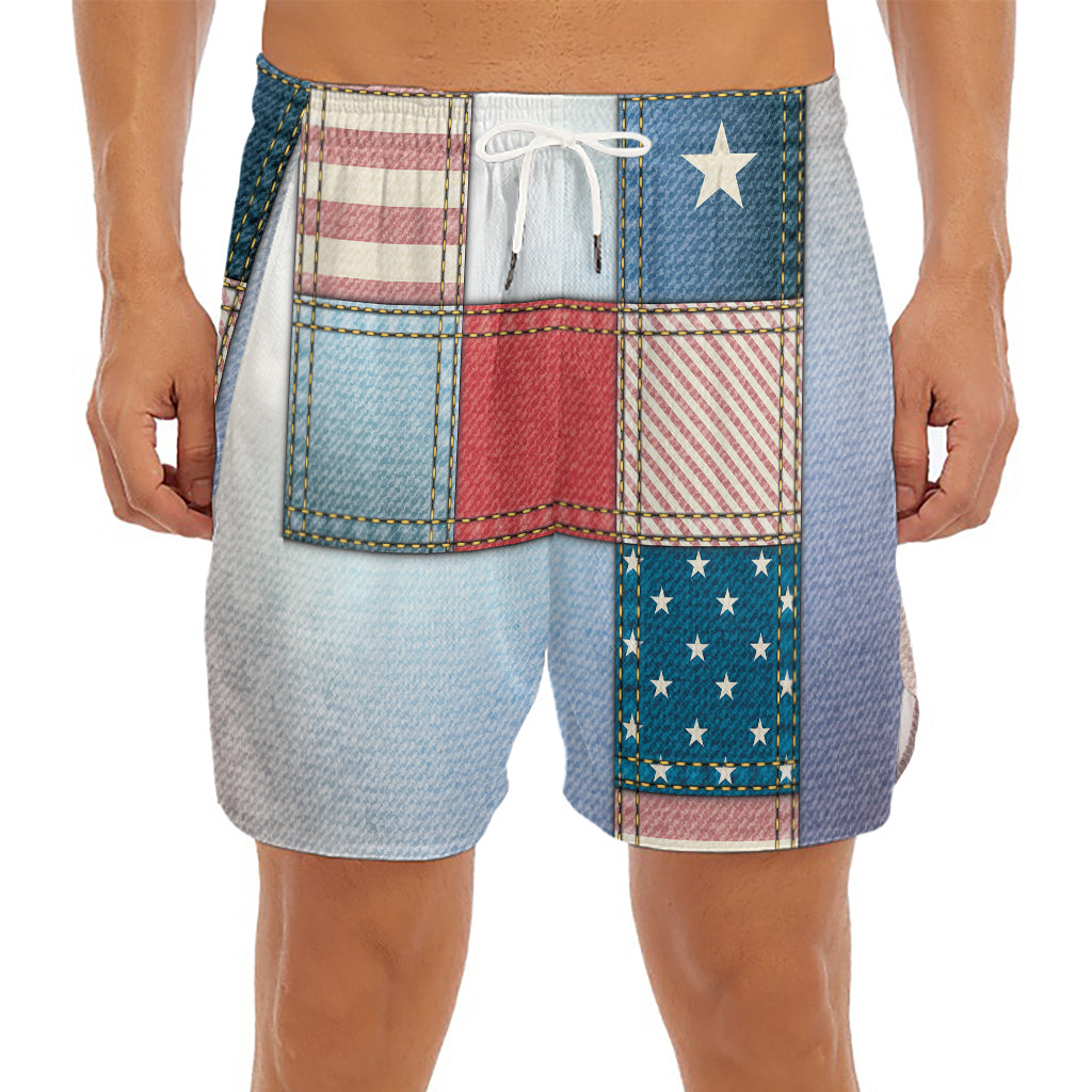 4th of July USA Denim Patchwork Print Men's Split Running Shorts