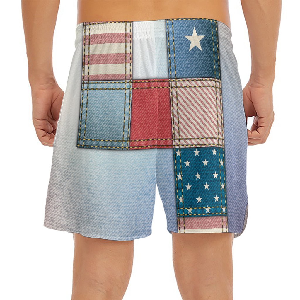 4th of July USA Denim Patchwork Print Men's Split Running Shorts