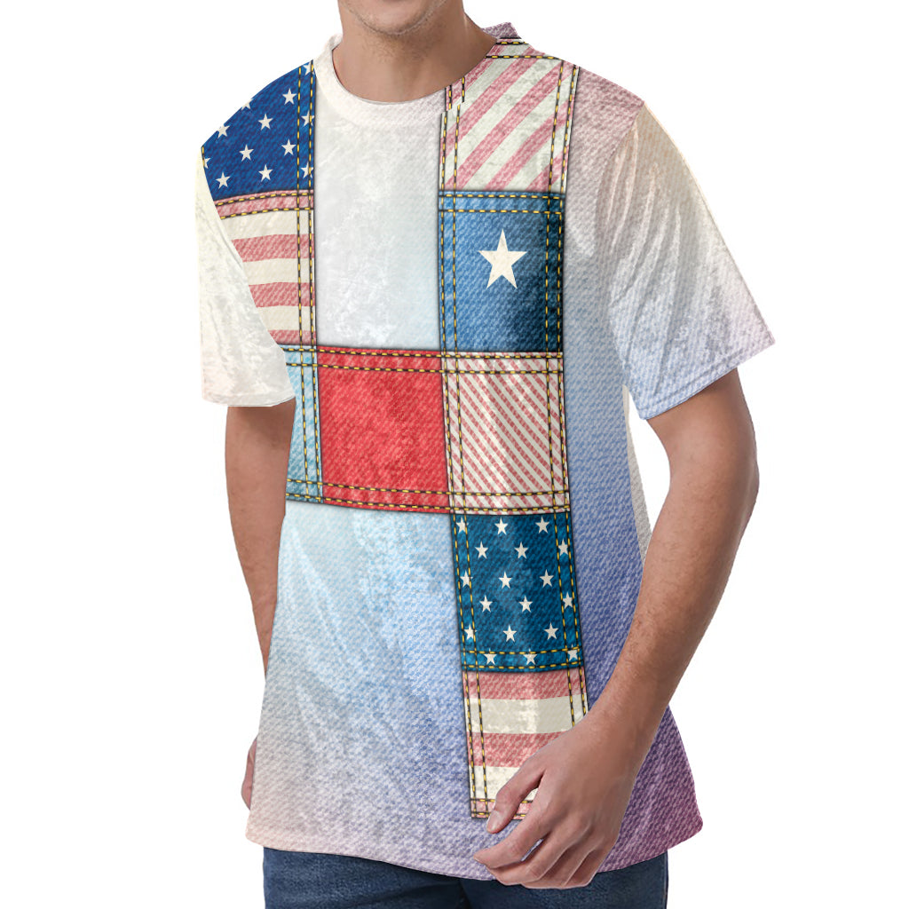 4th of July USA Denim Patchwork Print Men's Velvet T-Shirt