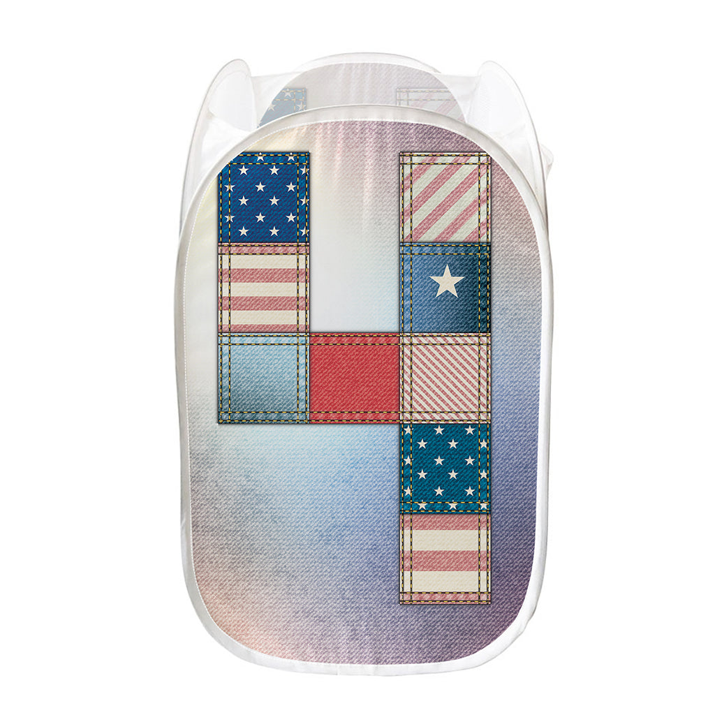 4th of July USA Denim Patchwork Print Mesh Laundry Hamper