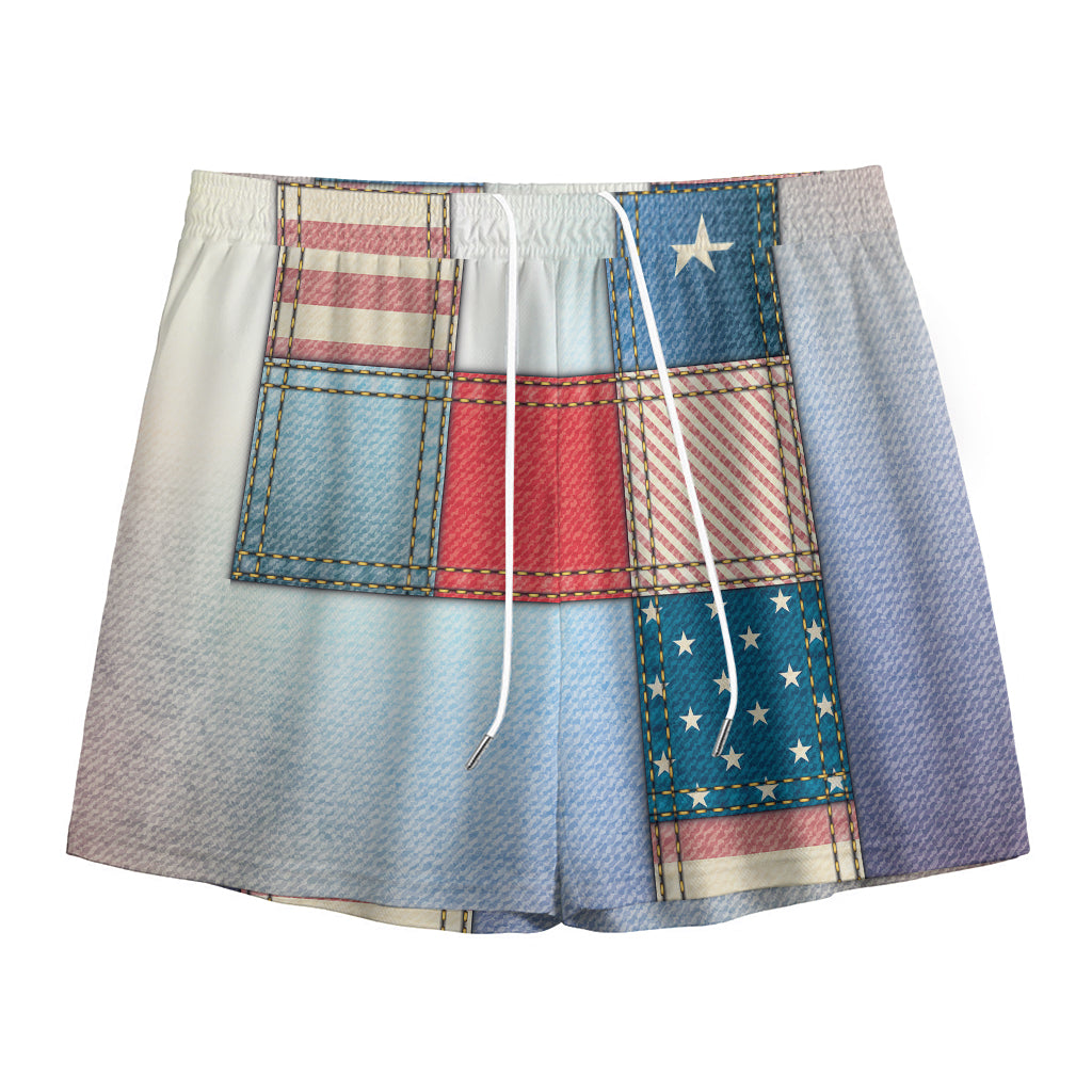 4th of July USA Denim Patchwork Print Mesh Shorts