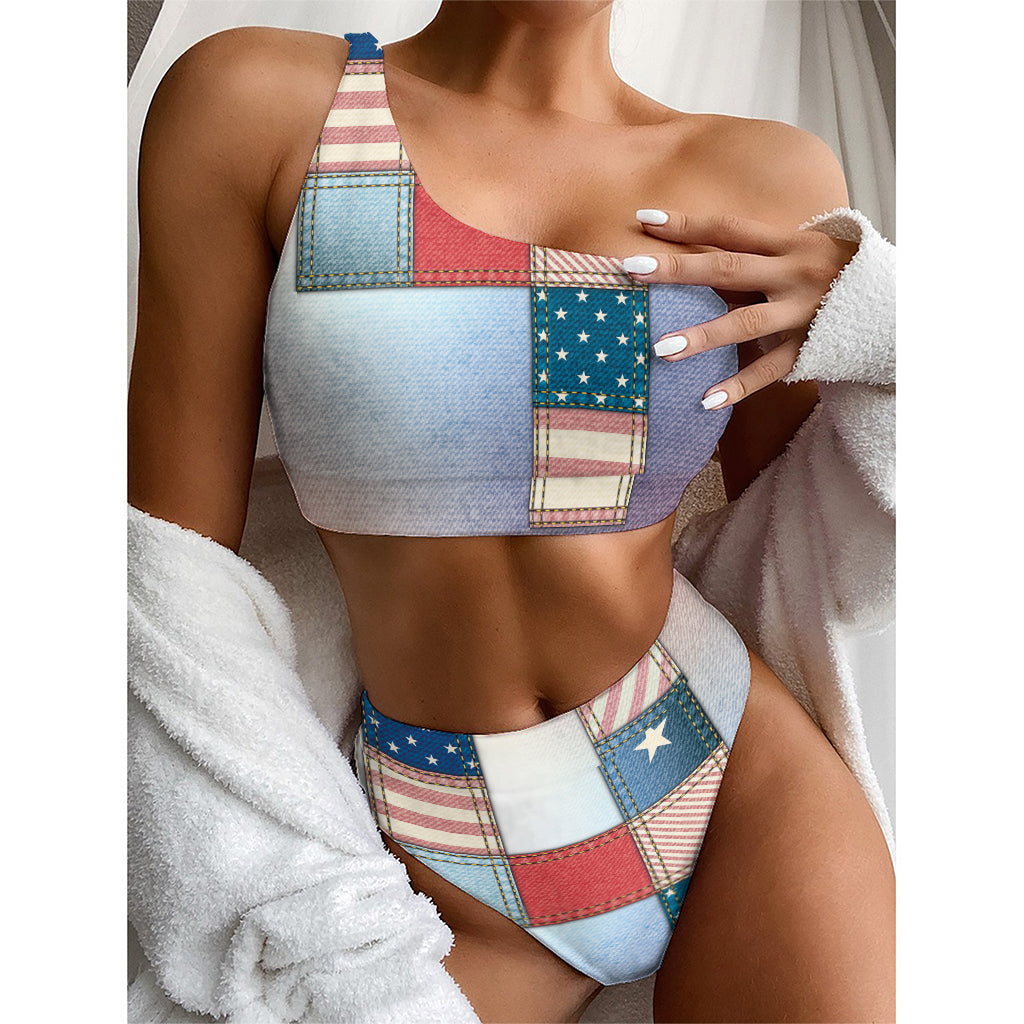 4th of July USA Denim Patchwork Print One Shoulder Bikini Top