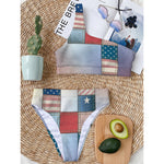 4th of July USA Denim Patchwork Print One Shoulder Bikini Top