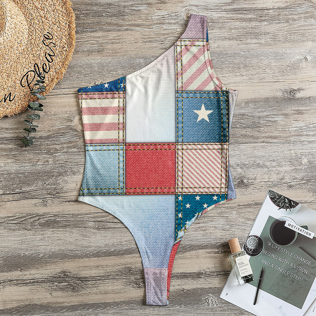4th of July USA Denim Patchwork Print One Shoulder Bodysuit