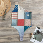 4th of July USA Denim Patchwork Print One Shoulder Bodysuit