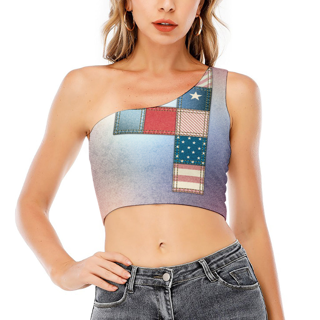 4th of July USA Denim Patchwork Print One Shoulder Crop Top