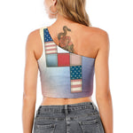 4th of July USA Denim Patchwork Print One Shoulder Crop Top