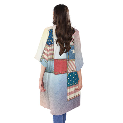 4th of July USA Denim Patchwork Print Open Front Beach Cover Up