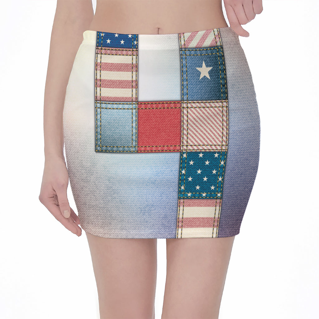 4th of July USA Denim Patchwork Print Pencil Mini Skirt