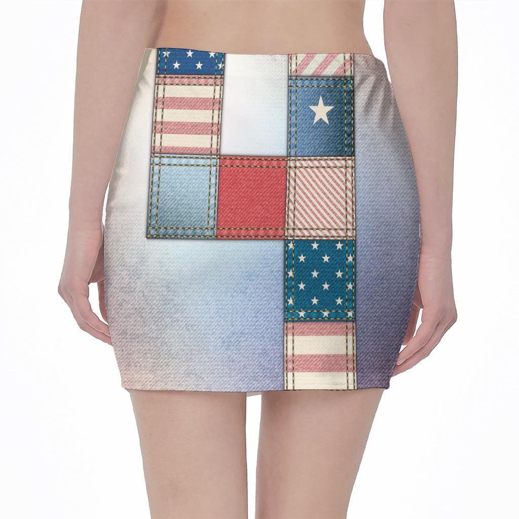 4th of July USA Denim Patchwork Print Pencil Mini Skirt