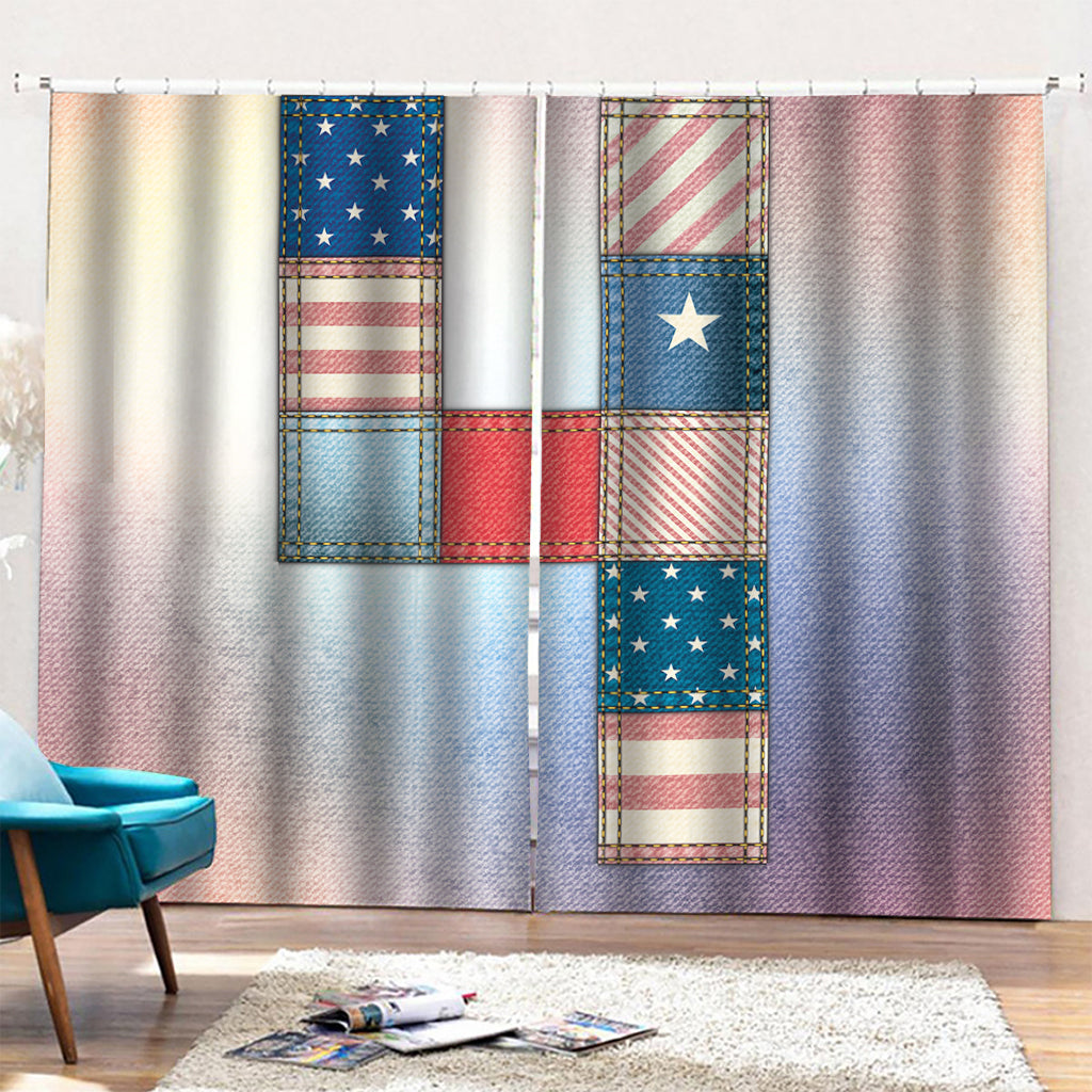 4th of July USA Denim Patchwork Print Pencil Pleat Curtains