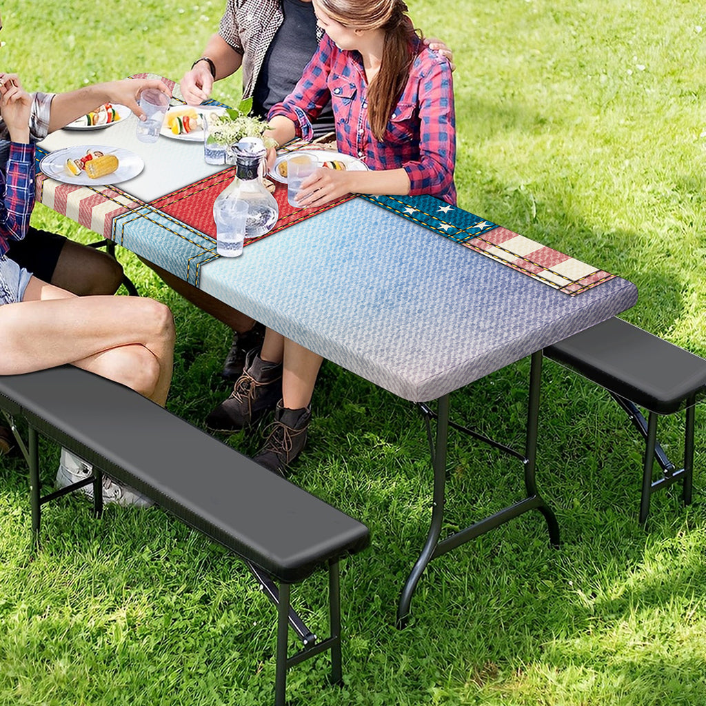 4th of July USA Denim Patchwork Print Picnic Table Cover