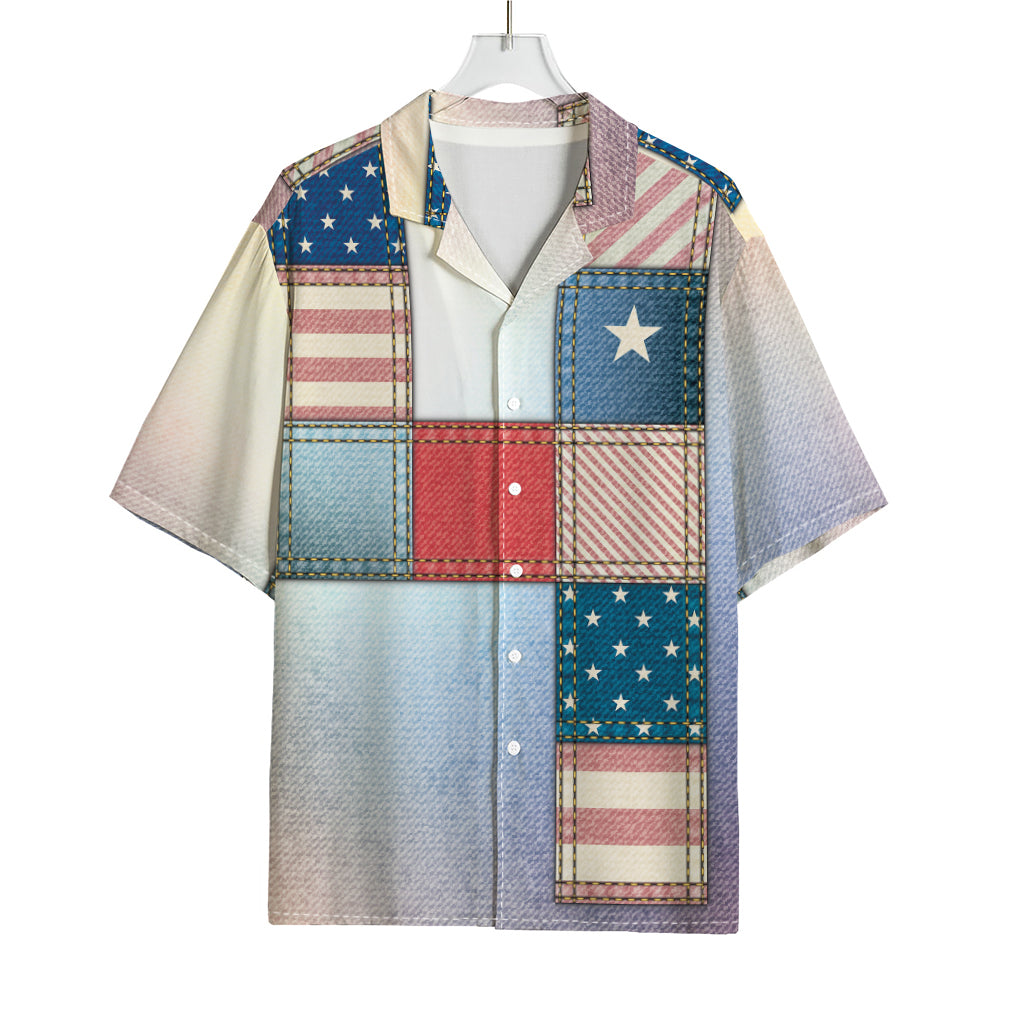 4th of July USA Denim Patchwork Print Rayon Hawaiian Shirt