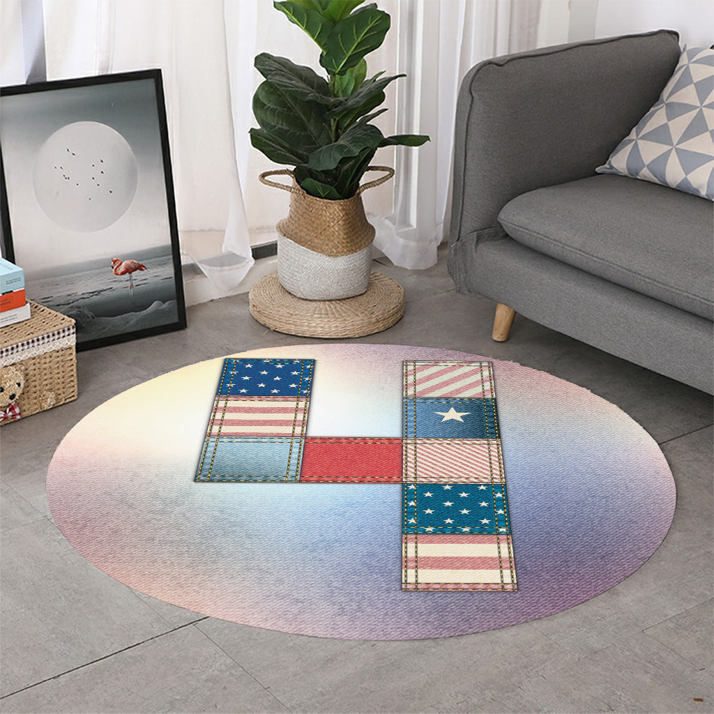 4th of July USA Denim Patchwork Print Round Rug