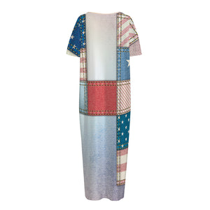 4th of July USA Denim Patchwork Print Short Sleeve Long Nightdress