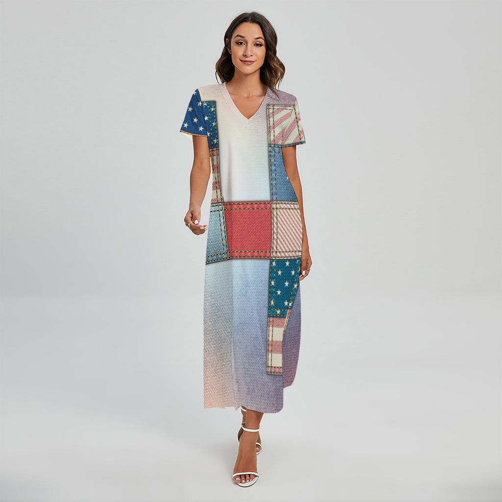 4th of July USA Denim Patchwork Print Short Sleeve Maxi Dress