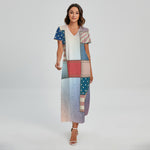 4th of July USA Denim Patchwork Print Short Sleeve Maxi Dress