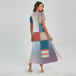 4th of July USA Denim Patchwork Print Short Sleeve Maxi Dress