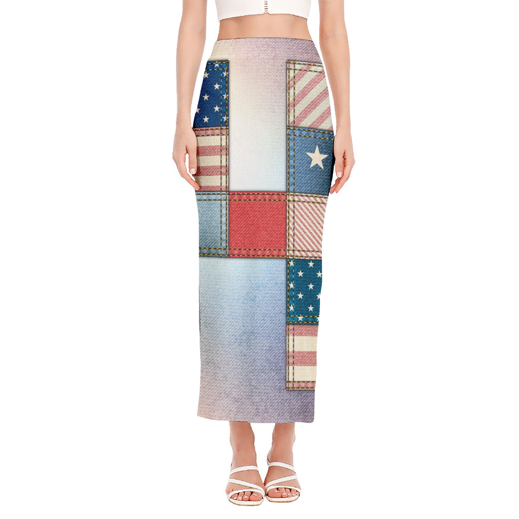 4th of July USA Denim Patchwork Print Side Slit Maxi Skirt