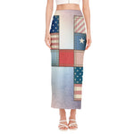 4th of July USA Denim Patchwork Print Side Slit Maxi Skirt