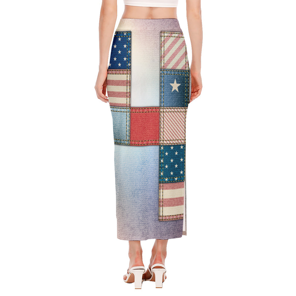 4th of July USA Denim Patchwork Print Side Slit Maxi Skirt