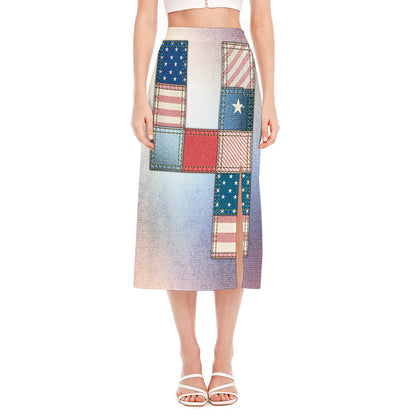 4th of July USA Denim Patchwork Print Side Slit Midi Skirt