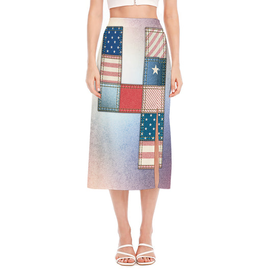 4th of July USA Denim Patchwork Print Side Slit Midi Skirt
