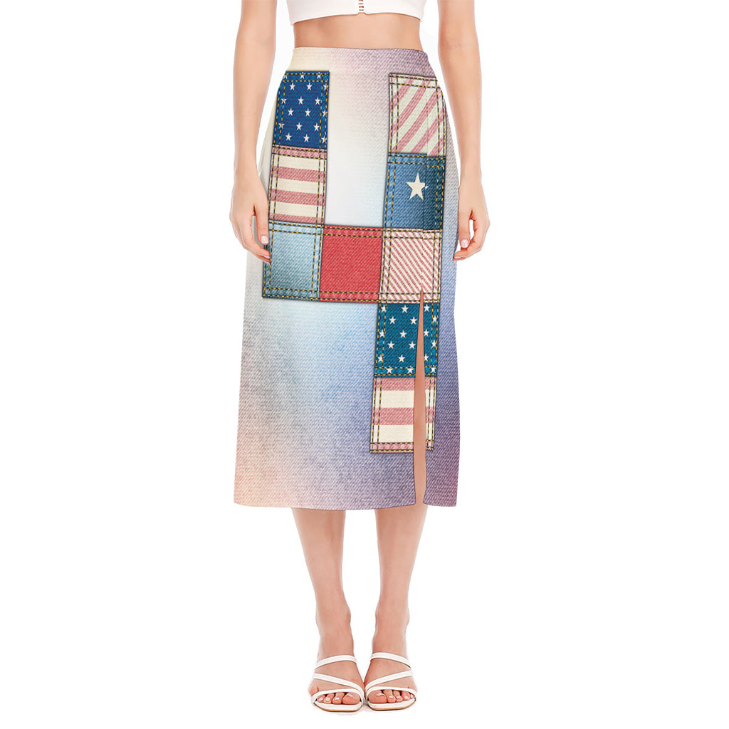 4th of July USA Denim Patchwork Print Side Slit Midi Skirt