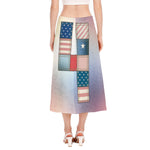 4th of July USA Denim Patchwork Print Side Slit Midi Skirt