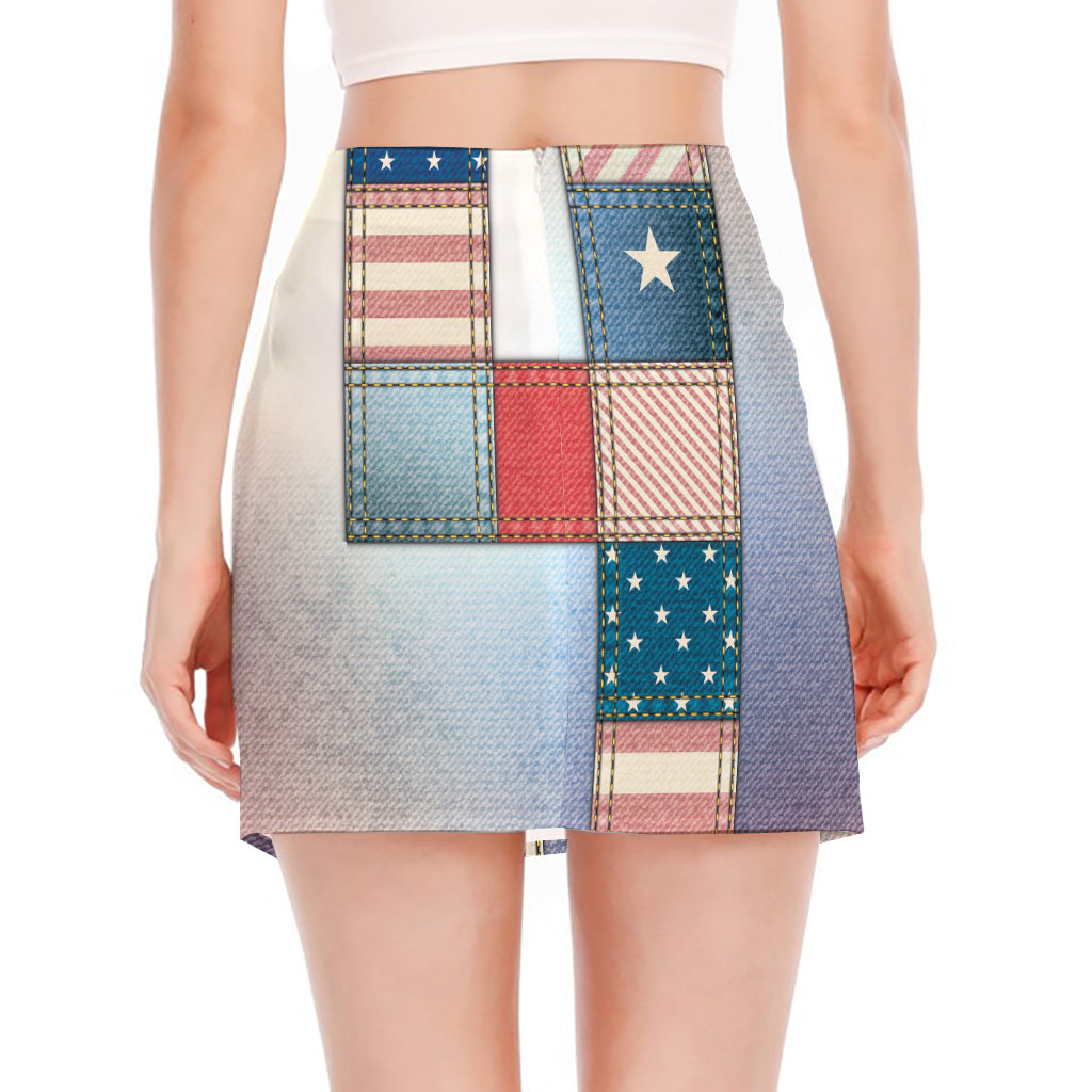 4th of July USA Denim Patchwork Print Side Slit Mini Skirt