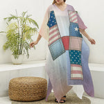 4th of July USA Denim Patchwork Print Silk V-Neck Kaftan Dress