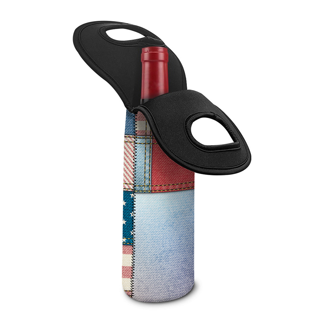 4th of July USA Denim Patchwork Print Single Neoprene Wine Tote