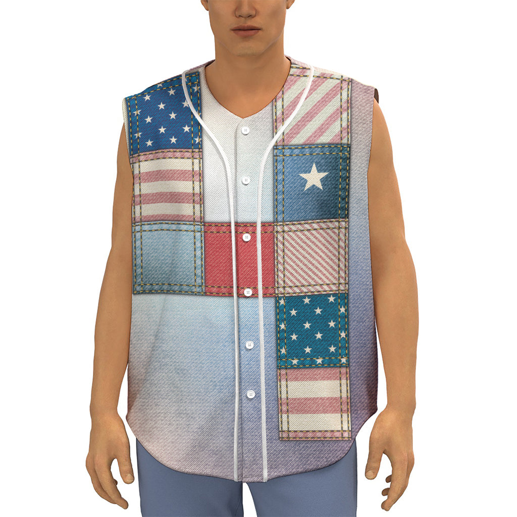 4th of July USA Denim Patchwork Print Sleeveless Baseball Jersey