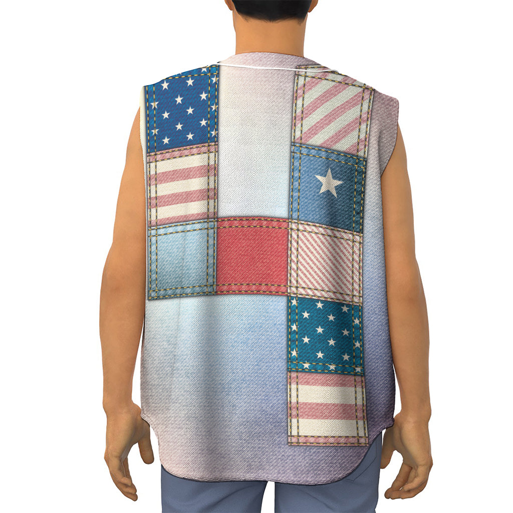 4th of July USA Denim Patchwork Print Sleeveless Baseball Jersey