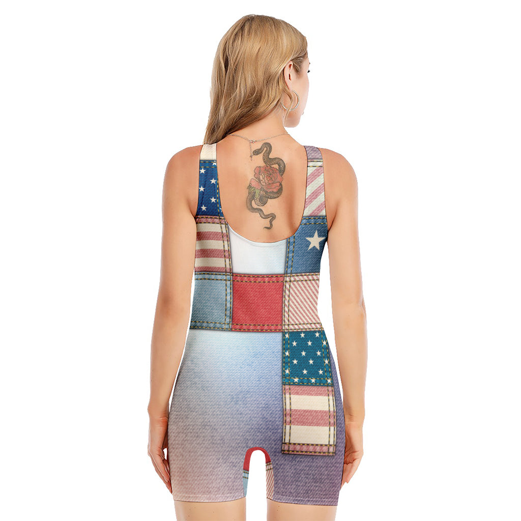4th of July USA Denim Patchwork Print Sleeveless One Piece Swimsuit