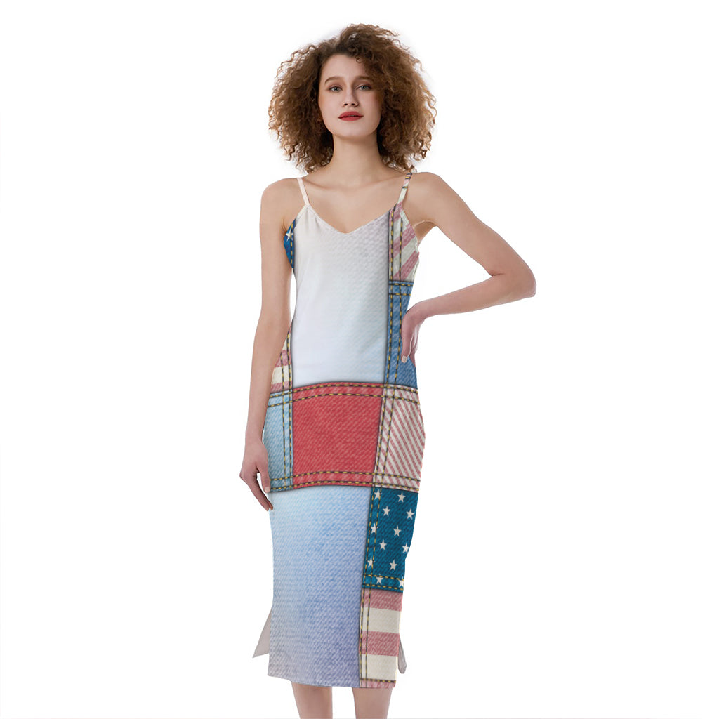 4th of July USA Denim Patchwork Print Slim Fit Midi Cami Dress