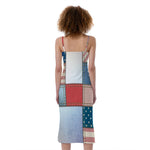 4th of July USA Denim Patchwork Print Slim Fit Midi Cami Dress