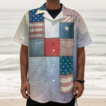 4th of July USA Denim Patchwork Print Textured Short Sleeve Shirt