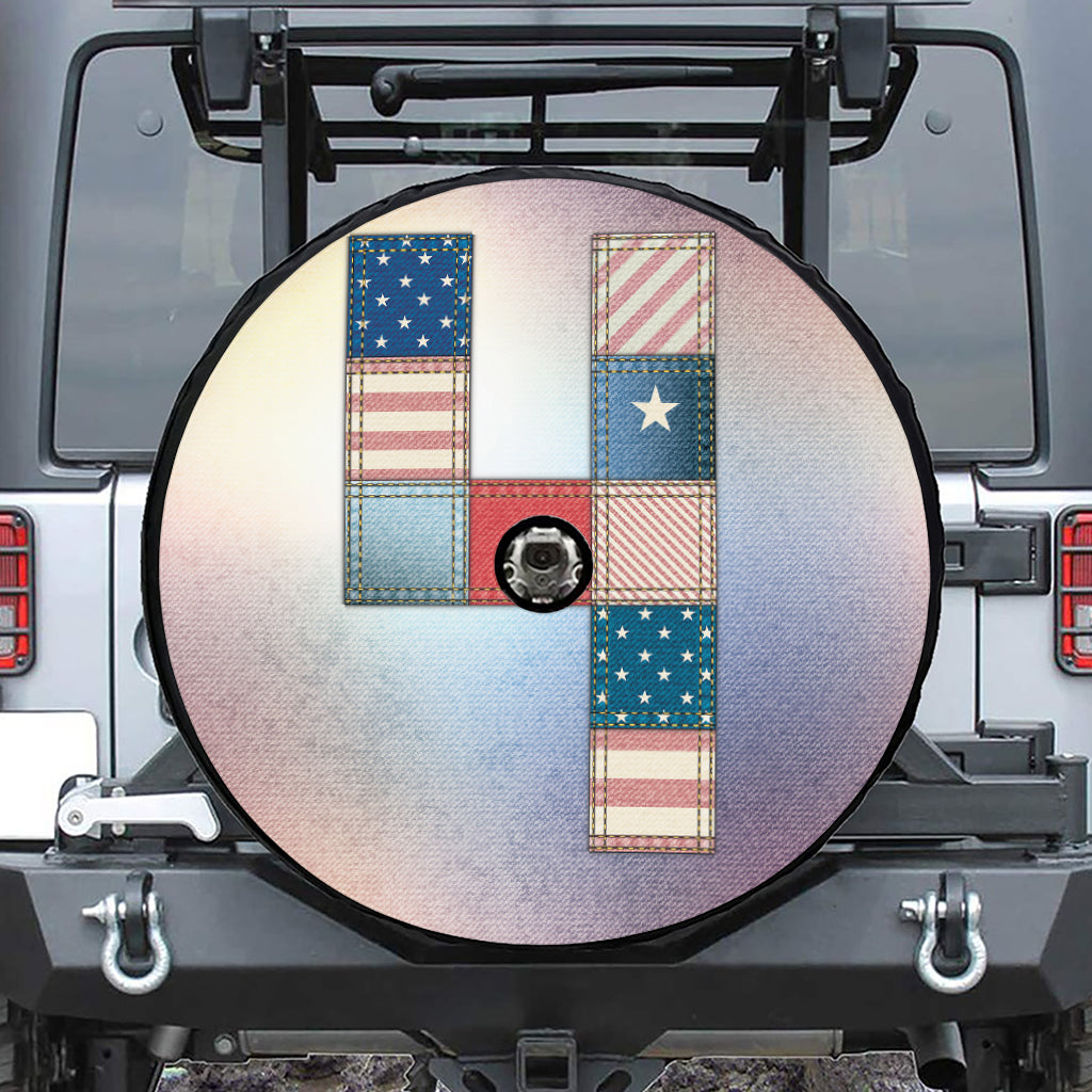 4th of July USA Denim Patchwork Print Tire Cover With Camera Hole