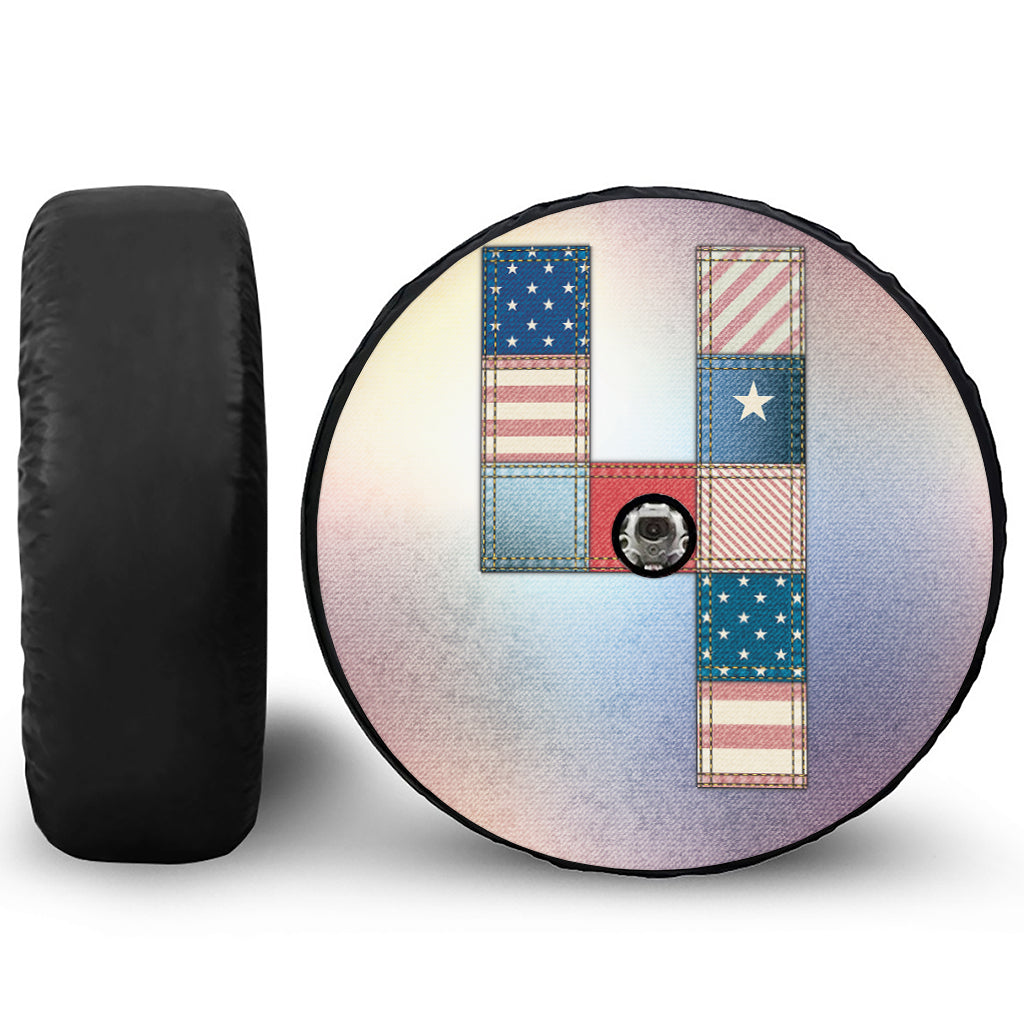 4th of July USA Denim Patchwork Print Tire Cover With Camera Hole