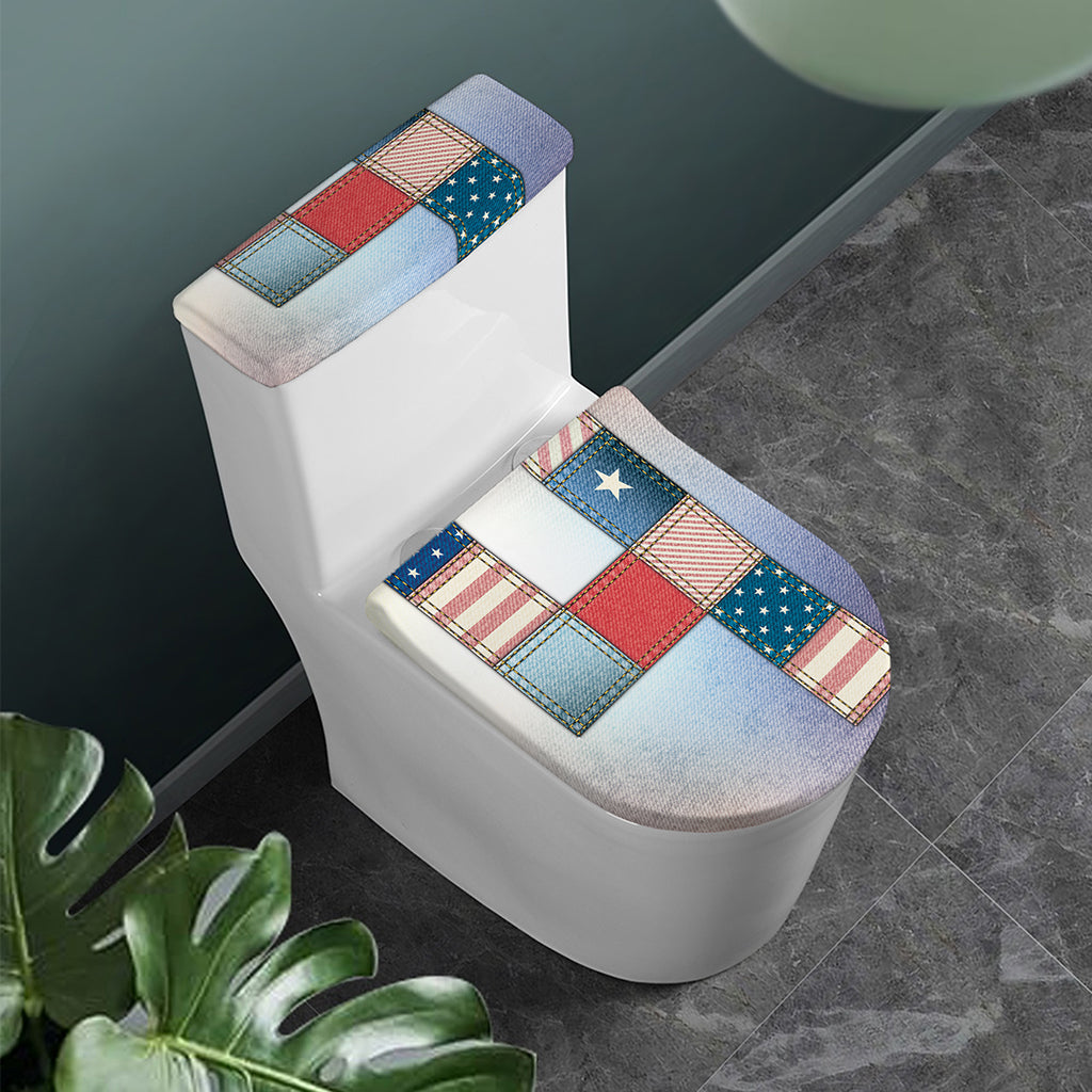 4th of July USA Denim Patchwork Print Toilet Lid And Tank Cover Set