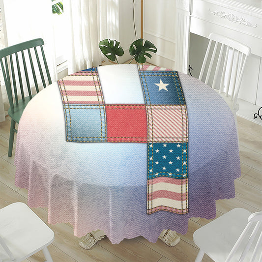 4th of July USA Denim Patchwork Print Waterproof Round Tablecloth