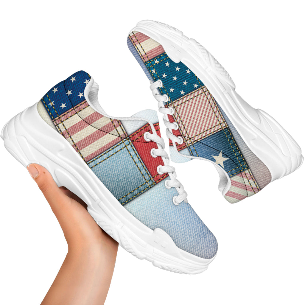 4th of July USA Denim Patchwork Print White Chunky Shoes