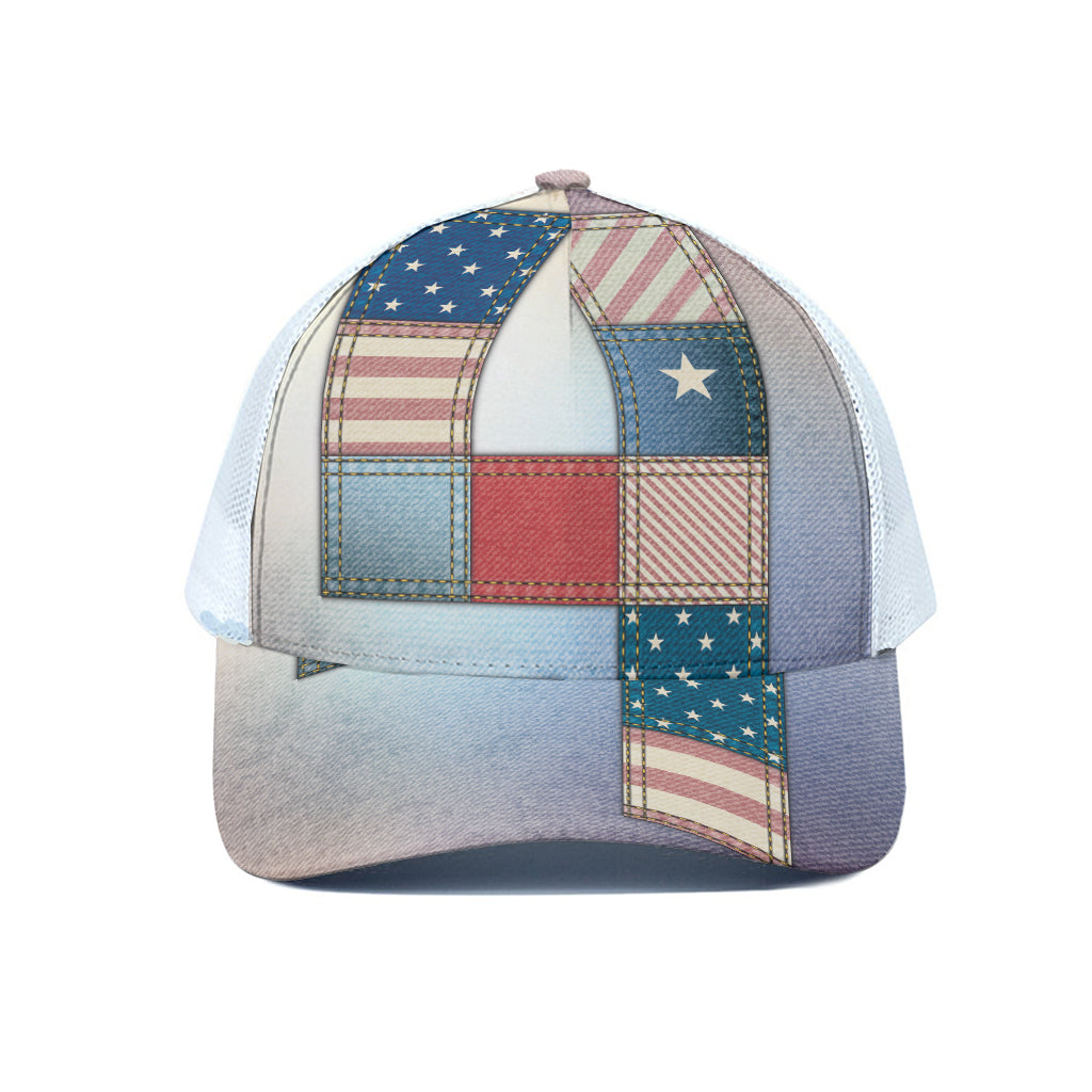 4th of July USA Denim Patchwork Print White Mesh Trucker Cap